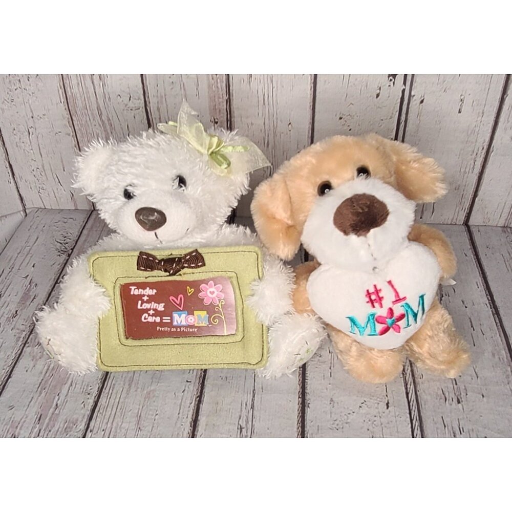 4" & 6" Dan Dee White Teddy Bear w/ Green Frame Mothers Day Puppy Plush #1 Mom
